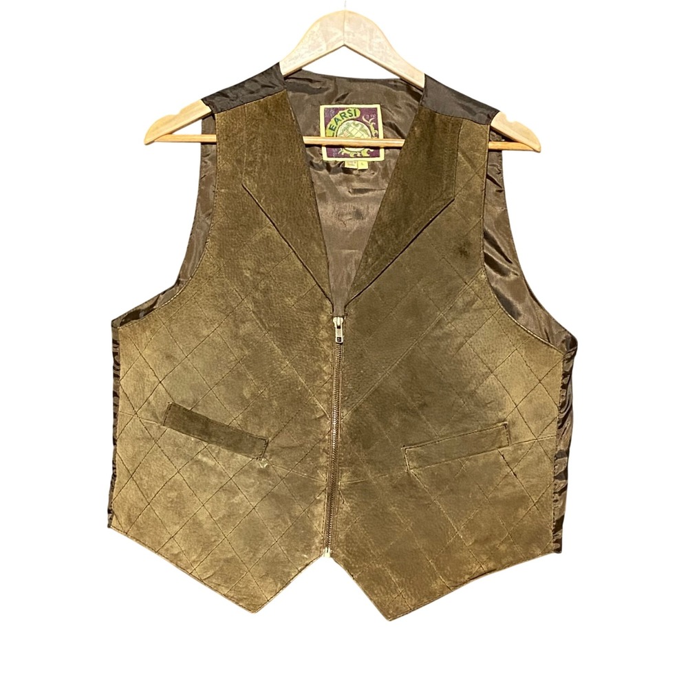 Vintage LEARSI Mens Genuine‎ Leather Quilted Zip Front Vest Brown Size L Western